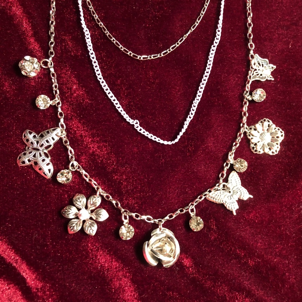 Layered Necklace Butterfly Flower Earrings Set